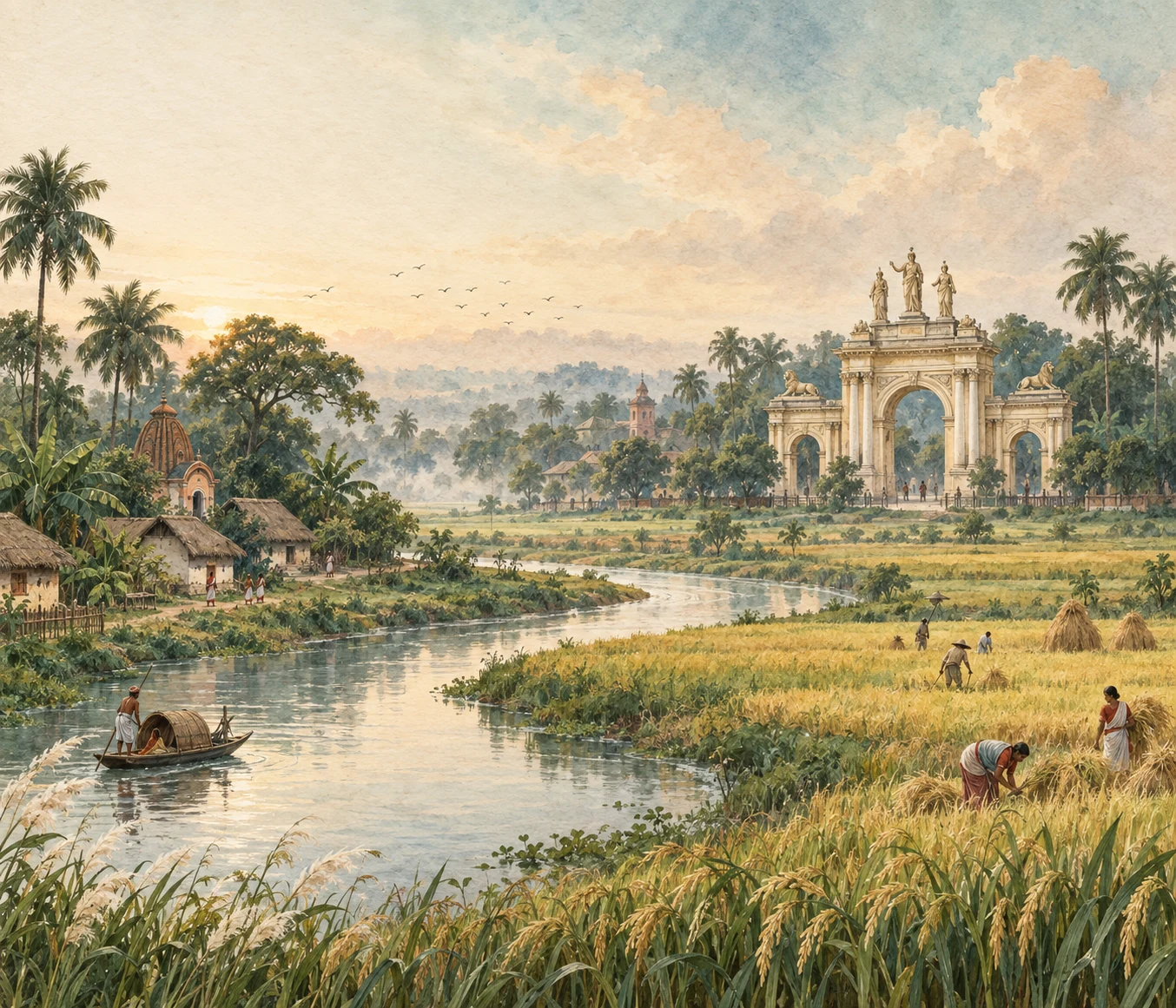 Watercolor imagining Burdwan through a winding river, golden paddy fields, village life and Bijoy Toron, also known as Curzon Gate